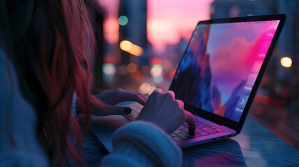 evocative image of a female freelancer typing on her laptop against the vibrant backdrop of a city at dusk laptop screen illuminates her face, highlighting her focus and dynamic urban life around her
