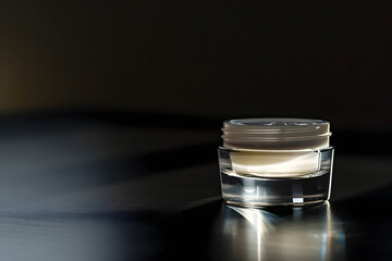  luxurious skincare cream in a clear glass jar against a dark, moody background. The precise peak of the cream adds a touch of sophistication, perfect for beauty and wellness themes.