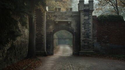 Obraz premium Gate of an abandoned ancient castle against the background of the sky and forest