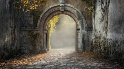 Gate of an abandoned ancient castle against the background of the sky and forest