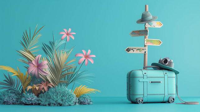 Blue suitcase and a stylish hat with camera travel and adventure concept. 3d rendering
