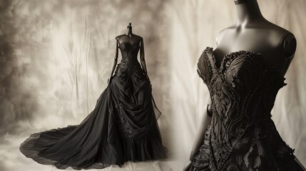 Beautiful stylish women's dress in a gothic style in black on a mannequin