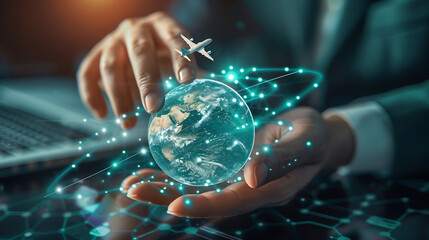 A businessman's hands with the globe of the world, with a miniature plane circling around the globe. Global business travel and connectivity concept