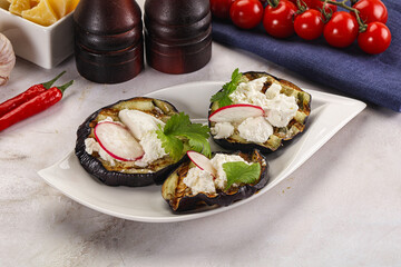 Grilled eggplant with cheese and radish