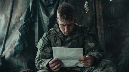 A Sad Soldier Sitting Alone In Base Camp And Reading A Letter From His Mother , His Sad Expressions Show That He Is Missing Home And Mom Very Much .