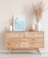 Rustic wooden dresser in an interior design room composition. Minimalistic, chic interiors.