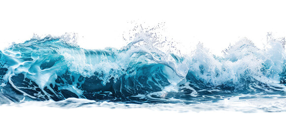 aqua blue ocean wave storm with white foam on transparent background