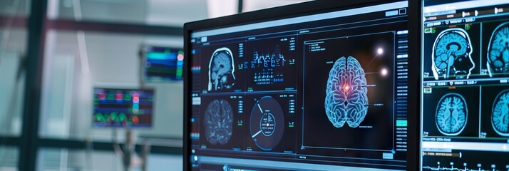 Brain testing result on digital interface on laboratory or surgery background, innovative technology in science and medicine concept. Medical technology background