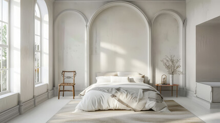 Elegant spacious bedroom with historic arched windows and soft natural light