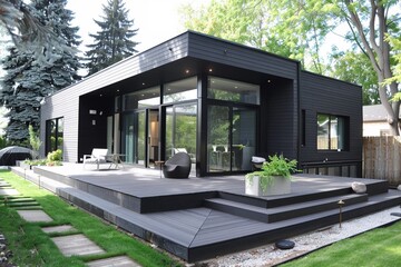Fototapeta premium Compact modern house, bold black minimal exterior, integrated outdoor living spaces