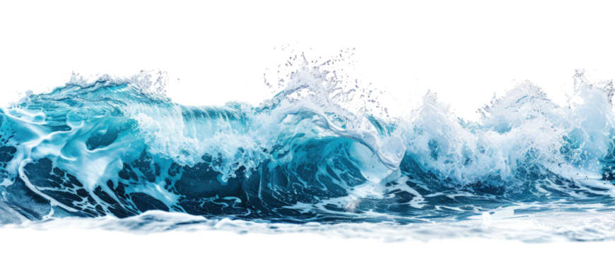 aqua blue ocean wave storm with white foam on transparent background