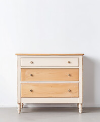 Rustic wooden dresser in an interior design room composition. Minimalistic, chic interiors.