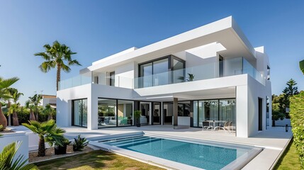 Fototapeta premium Minimalist white modern house, clear geometric shapes, emphasized verticality