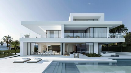 Minimalist white modern house, clear geometric shapes, emphasized verticality