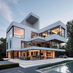 Modern minimal house with a pristine white exterior, sleek lines, expansive windows