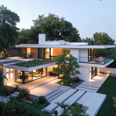 Fototapeta na wymiar White, streamlined modern house, minimal design, flat roof, subtle landscape integration