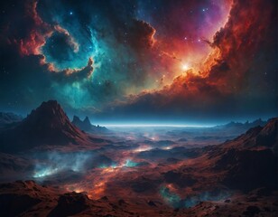 Fototapeta premium Amazing distant mystical alien landscape with breathtaking views of a mountain range and vibrant cloudy nebula with stars