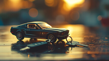 A model car with a key on the table. Buying a new car or car loan concept