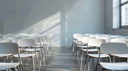A room filled with numerous white chairs, creating a clean and uniform aesthetic