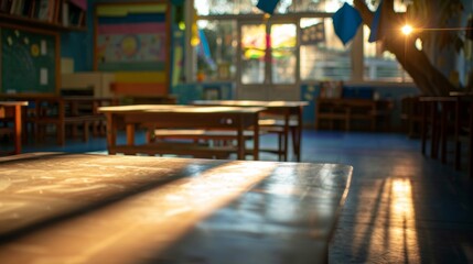 A room filled with wooden tables and chairs, creating a functional and simple space