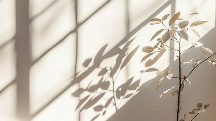 A plant next to a window, casting shadows on a white wall