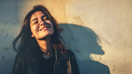 Fototapeta premium A woman with long hair standing in front of a wall, casting a shadow on her face