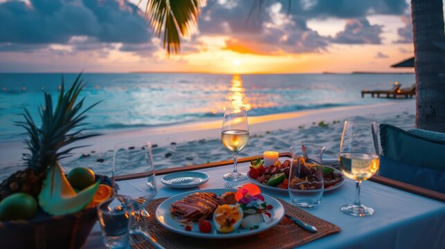 Experience the ultimate coastal dining with a beachfront table, wine, and food as the evening sky colors the horizon