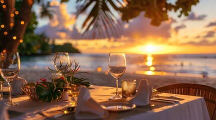 An intimate beachside dinner setup with wine glasses, and a stunning sunset view, perfect for couples