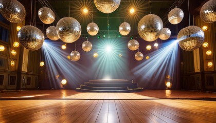 Empty dance floor on club stage under colorful spotlights and disco balls, emitting retro vibe,...