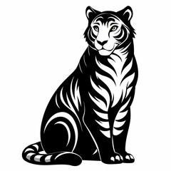 Tiger pose  vector silhouette, flat style black color illustration, isolated white background (2)