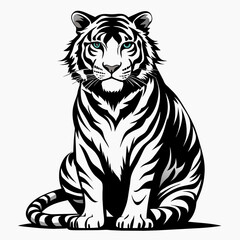 Tiger pose  vector silhouette, flat style black color illustration, isolated white background (5)