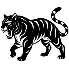 Tiger pose  vector silhouette, flat style black color illustration, isolated white background (16)