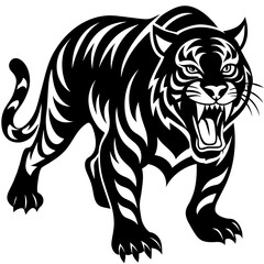 Tiger pose  vector silhouette, flat style black color illustration, isolated white background (18)