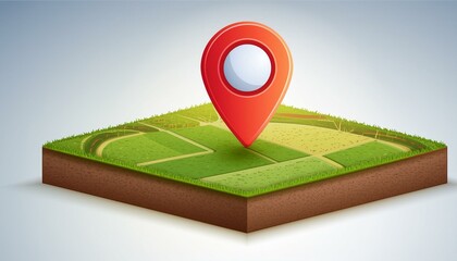 Location pin icon on green land plot, estate investment, land plot for construction project. 3d ground slice section