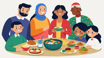 A family potluck with a spread of traditional dishes from different cultures representing the diverse heritage within the family.. Vector illustration