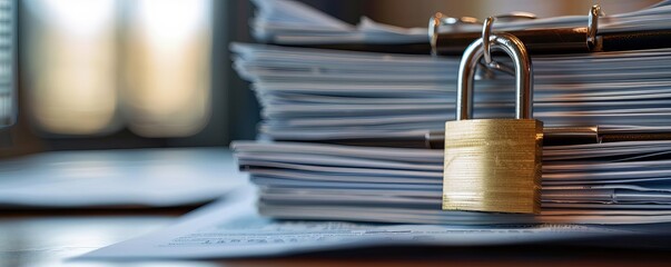 Closeup of a padlock on a stack of financial reports, symbolizing secure financial information and privacy
