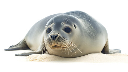 Close-up of a seal lying on sand, its large, expressive eyes and whiskers highlighted, set against a bright background.