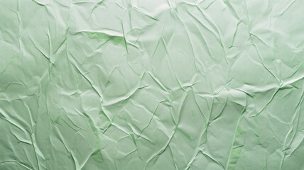 A close-up of a crinkled light green paper texture, featuring various folds and wrinkles across its surface.