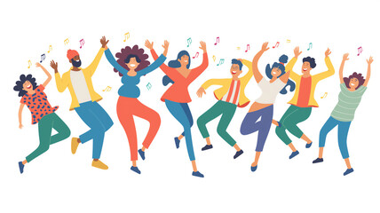 A vibrant illustration of seven diverse people joyfully dancing with colorful attire and musical notes around them.