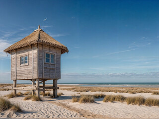 Fototapeta premium A wooden shelter on high stilts that stands on the North Sea beach