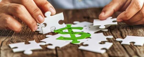 Hands assembling white puzzle pieces that gradually reveal a bright green dollar sign, focus on financial solutions
