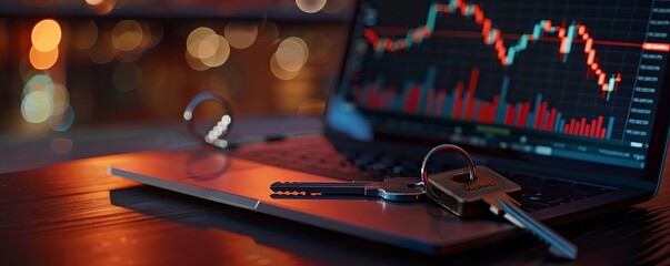 Padlock and keys placed beside a laptop displaying financial graphs, concept for cybersecurity in financial data handling