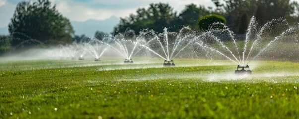 Row of motion activated sprinklers activating sequentially in a commercial farm field, efficient irrigation method