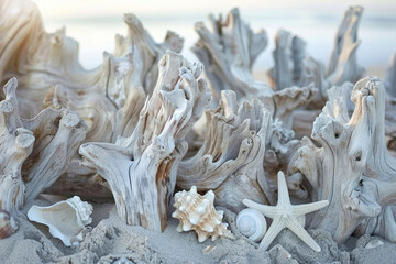 Serene Beachscape with Whimsical Driftwood Creations