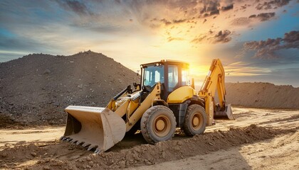 Amidst an industrial construction site, a yellow bulldozer with a shovel excavates under the sunset sky.