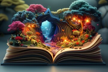 Teacher's Day, an open book with intricate papercraft designs of trees, grass and mountains emerging from the pages. The background is dark blue with a rainbow color gradient to the sky above.