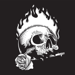 Skull and rose on fire. Vector illustration in sketch style
