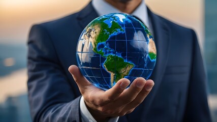 Hands Holding a Globe Global Concept for Business, Ecology, and Environmental Protection,Businessman Holding the Earth Globalization and Environmental Responsibility in One Symbol, The Globe in a Hand