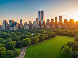 Central Park with Nature, Trees, People Having Picnic. Beautiful Evening with Warm Sunset Light