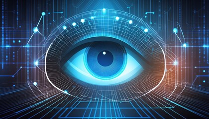 AI robot eye in dark tech space, cyborg vision on digital background. Concept of cyber security, technology, future, data, artificial intelligence, hack, network